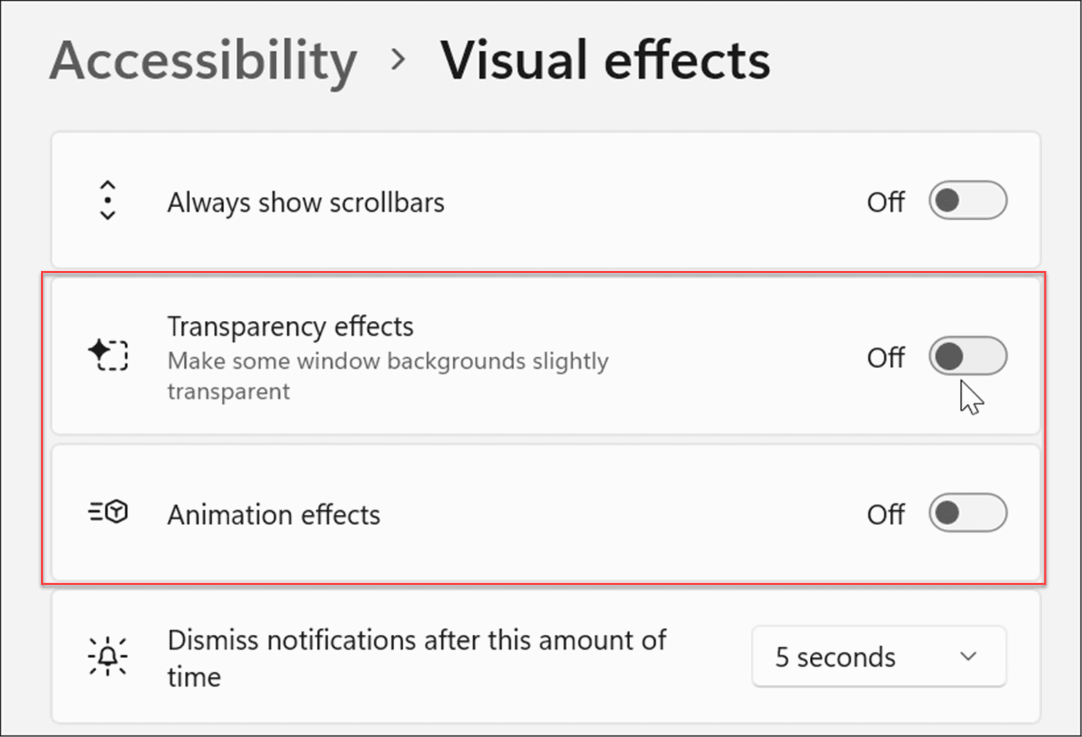 специальные возможности визуальные эффекты настройки windows 11