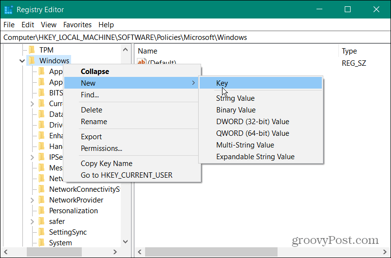Создайте новый ключ WindowsUpdate