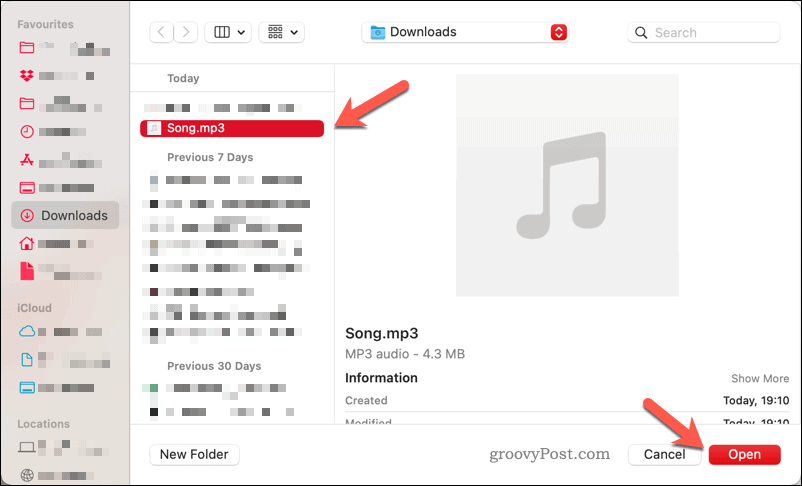 Selecting a song to upload to an Apple Music collection