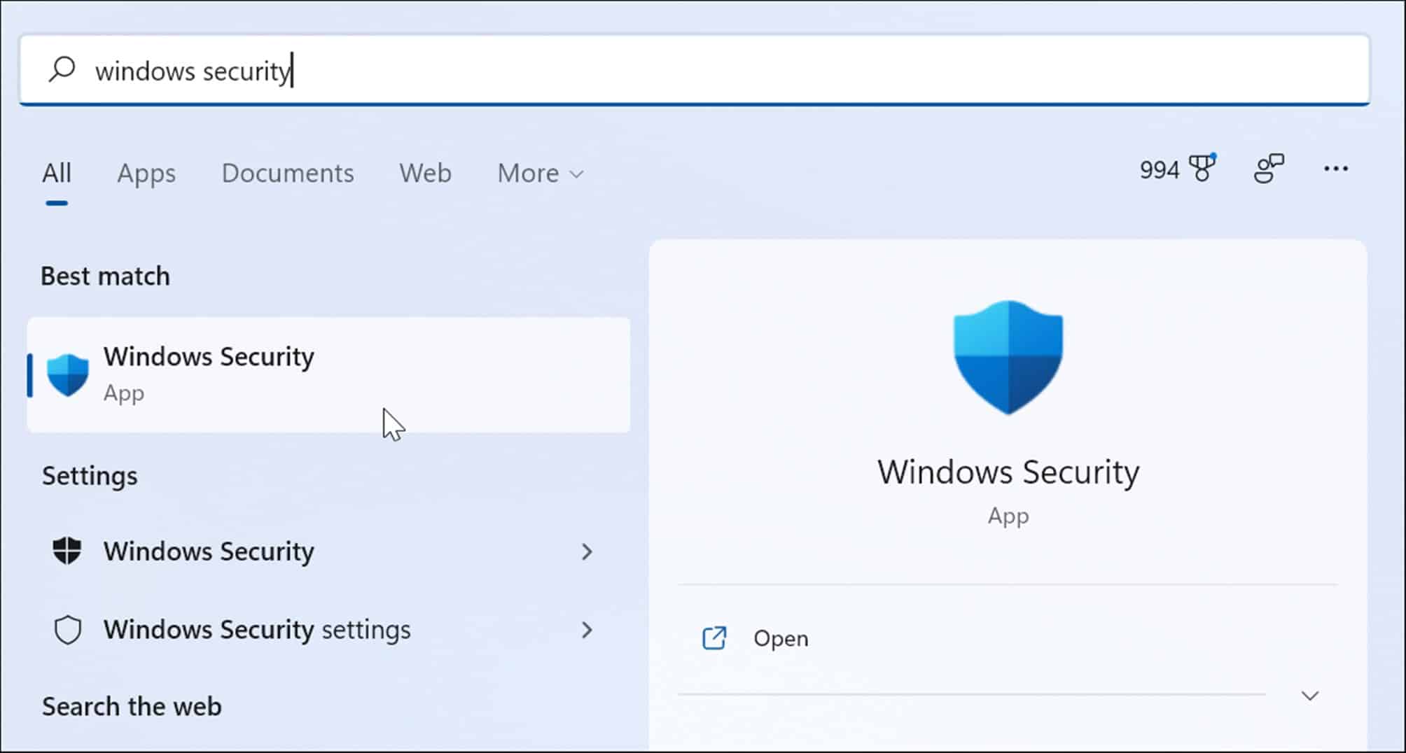 Windows Security app Start