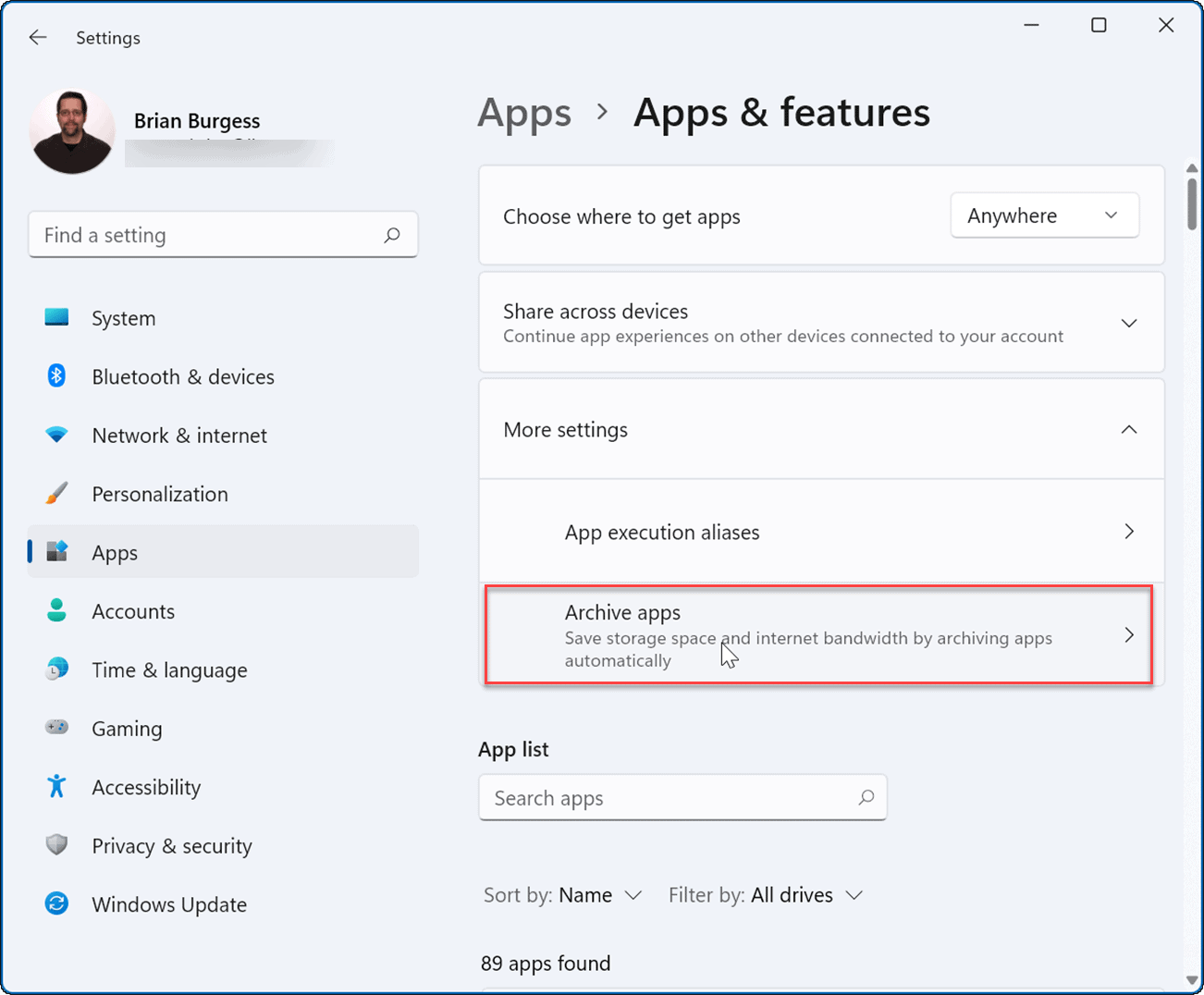 archive apps settings