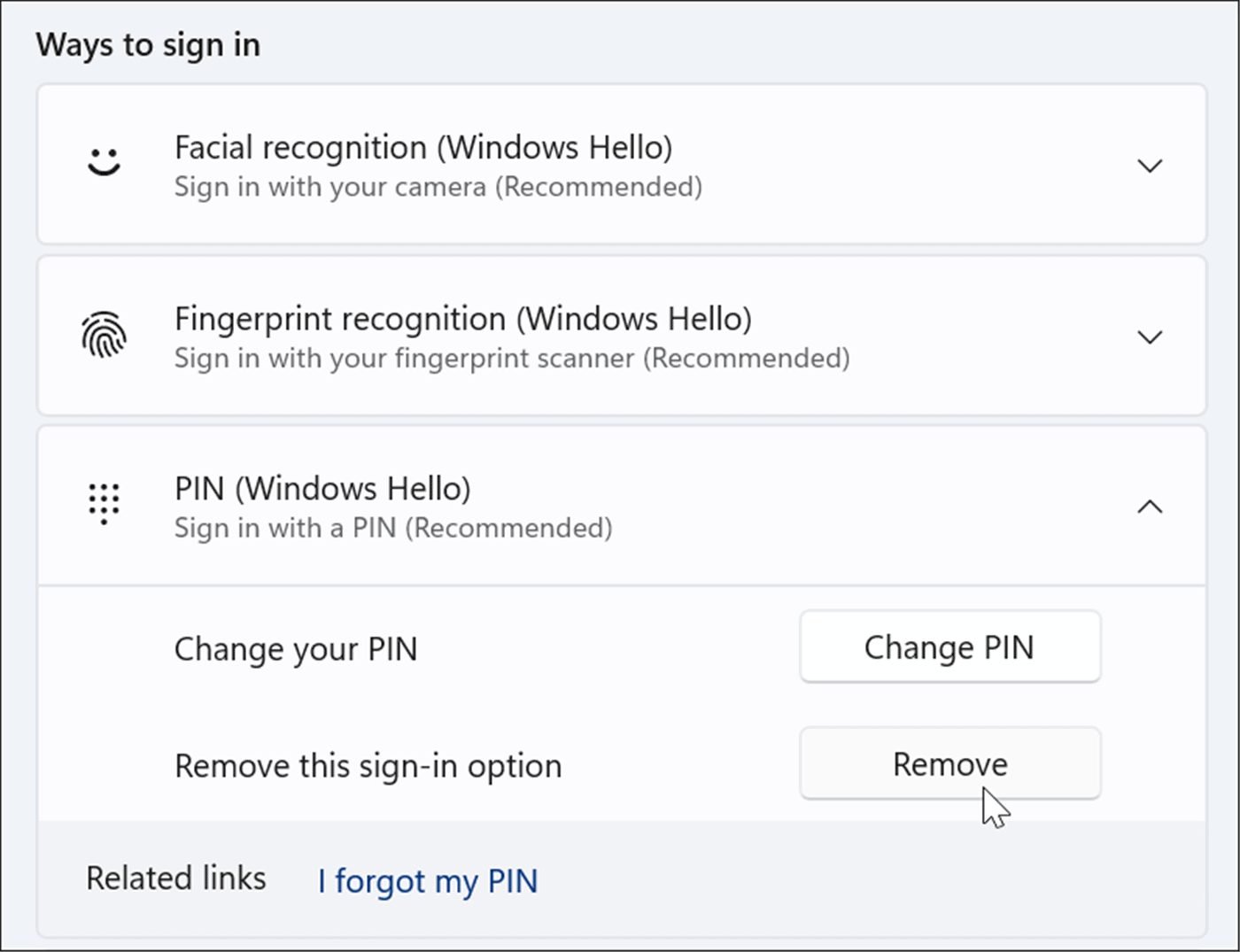 remove sign in option windows 11