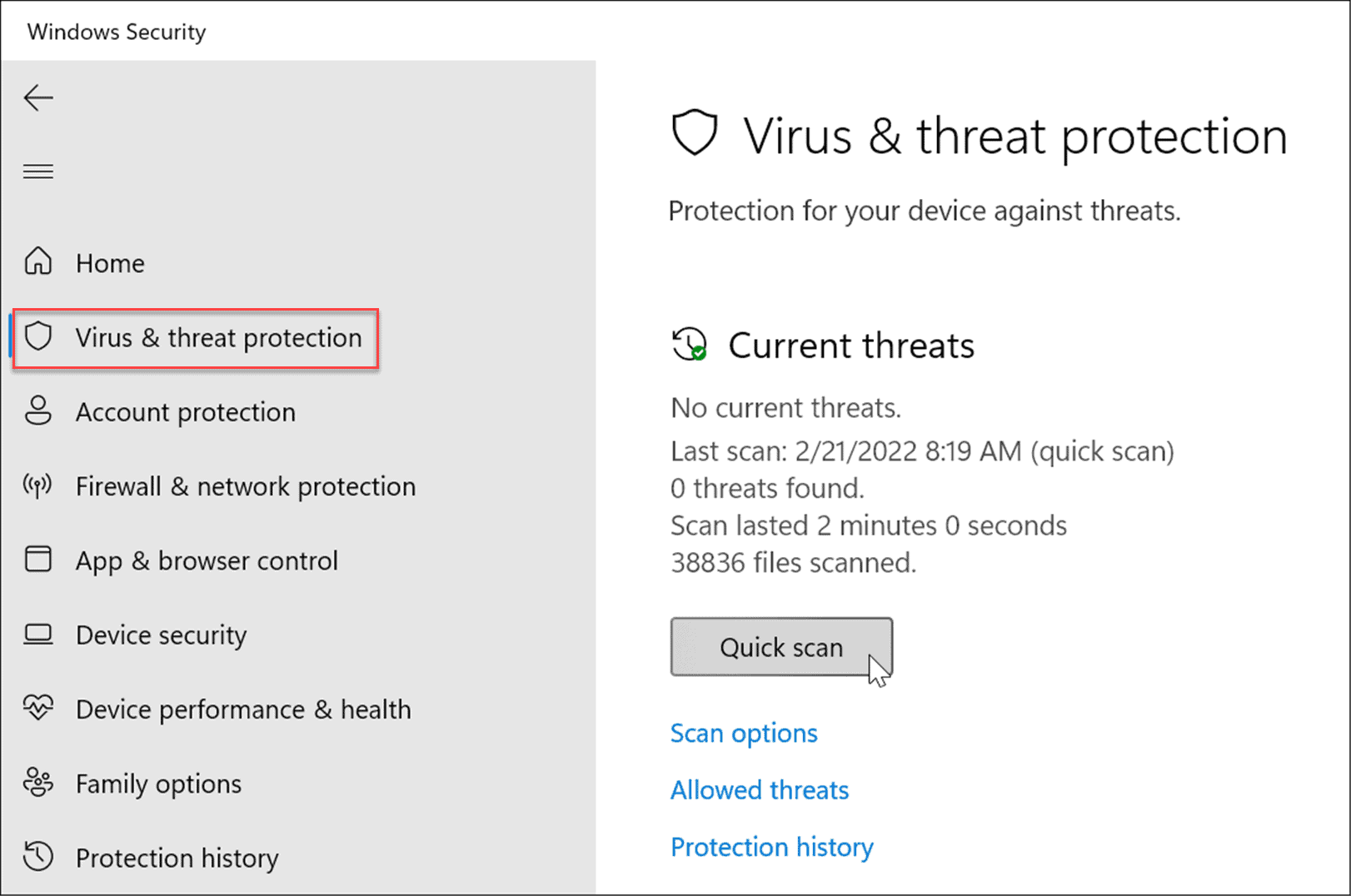 virus and threat detection quick scan