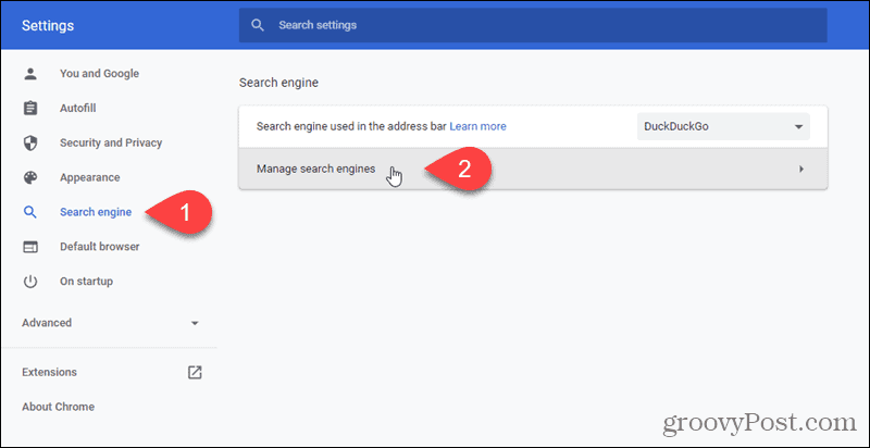 Cliquez sur Gérer les moteurs de recherche dans Chrome