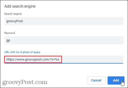 Add search engine dialog in Chrome