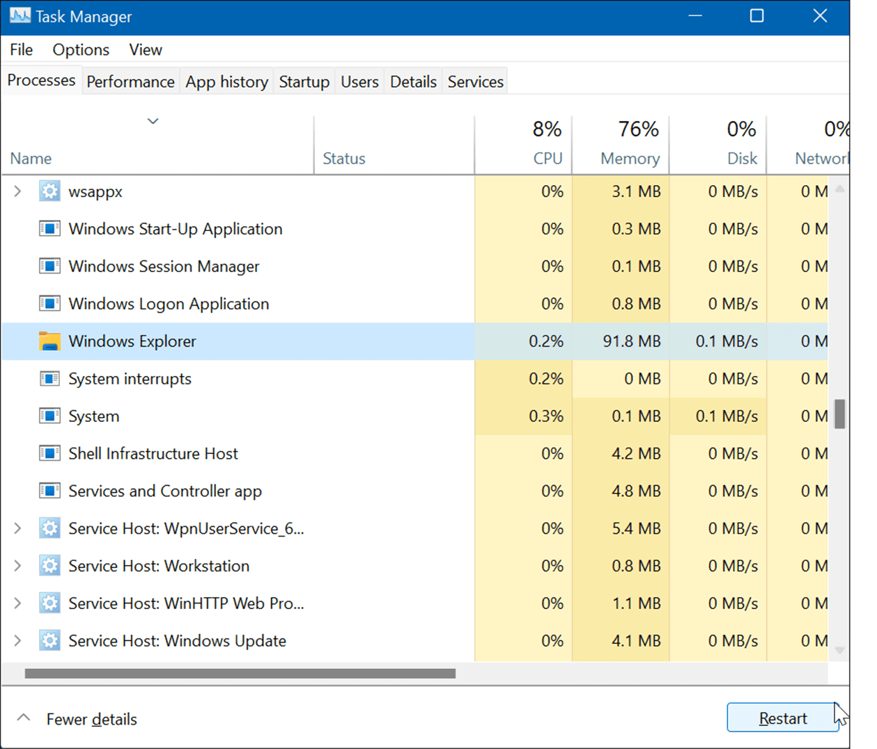Restart Windows Explorer reset taskbar settings in Windows 11