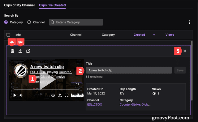 Renaming, deleting, or sharing a saved Twitch clip