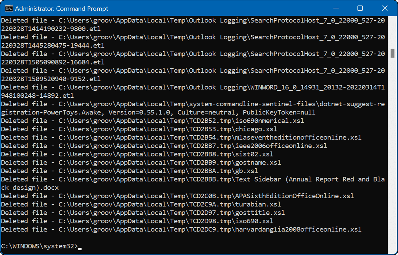 Администратор командной строки удалить временные файлы в Windows 11