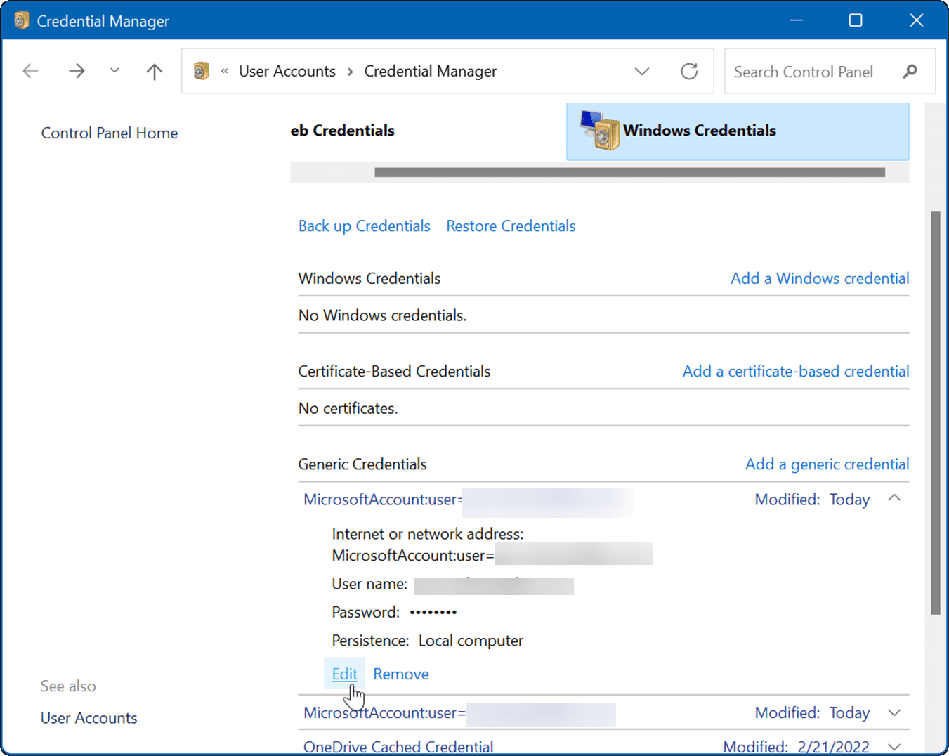 edit username and pw use credential manager on Windows 11