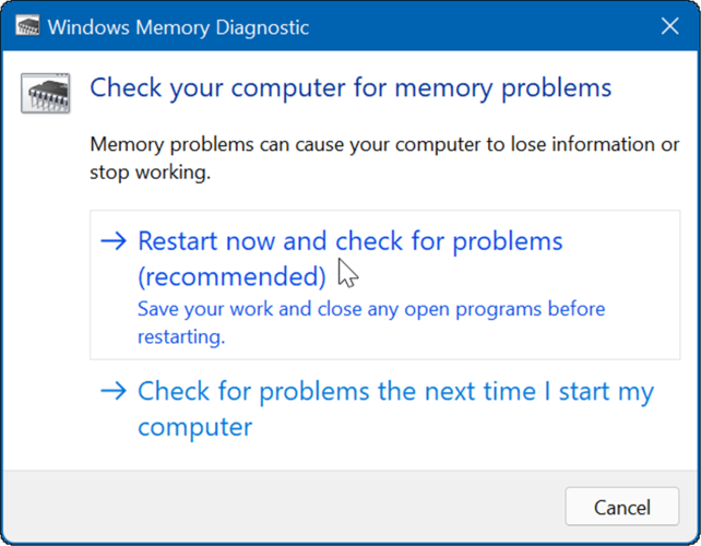 windows memory diagnostic restart and check