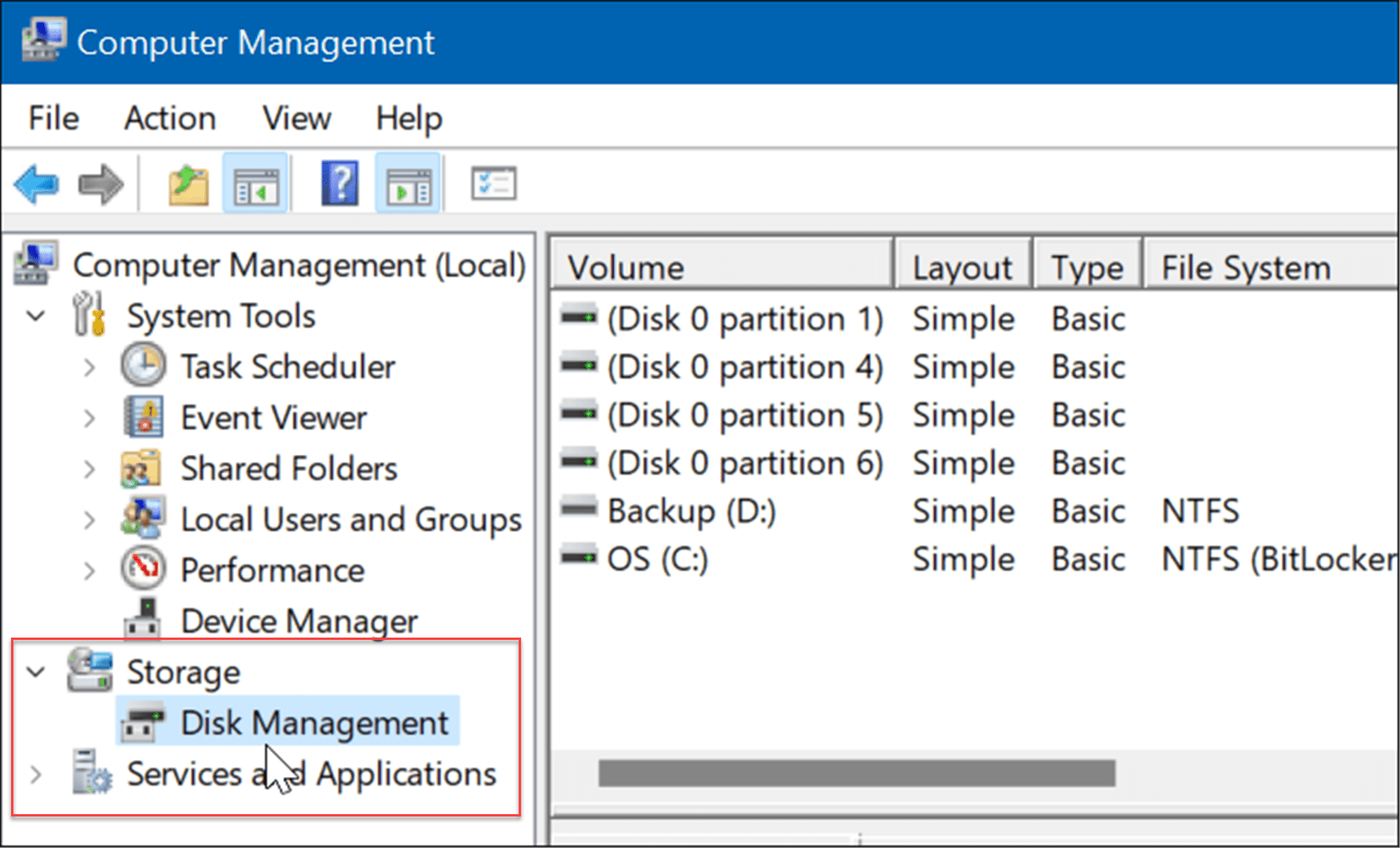 disk management in Computer Management tool
