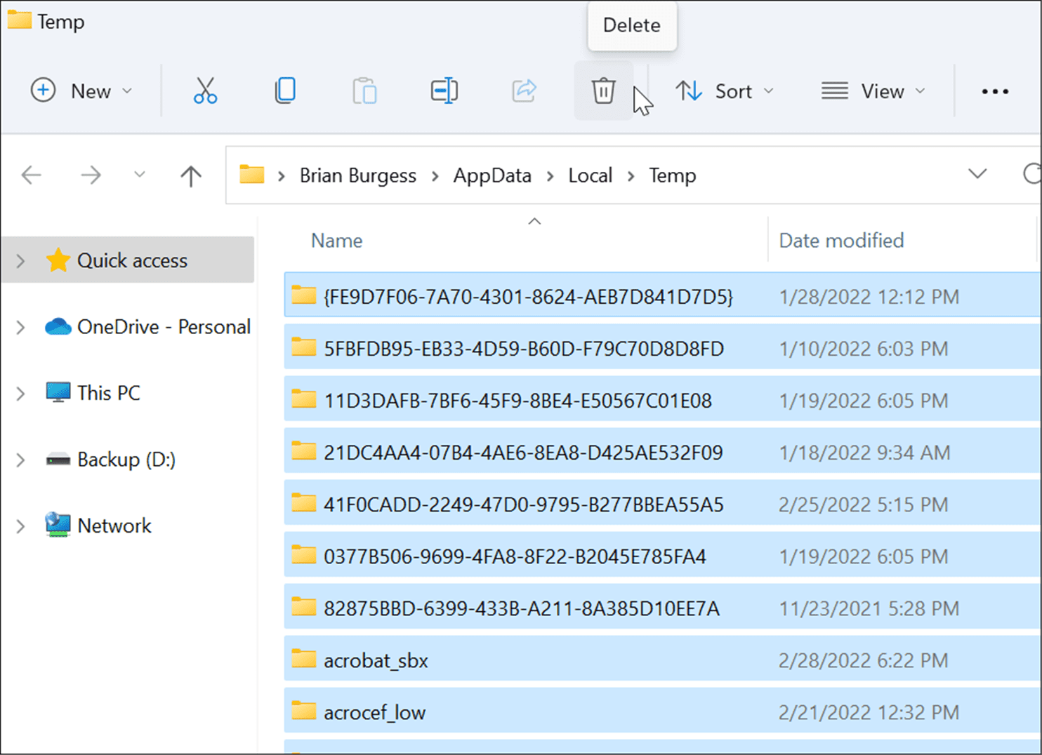 supprimer les fichiers temporaires corriger l'utilisation du disque à 100% sur Windows 11