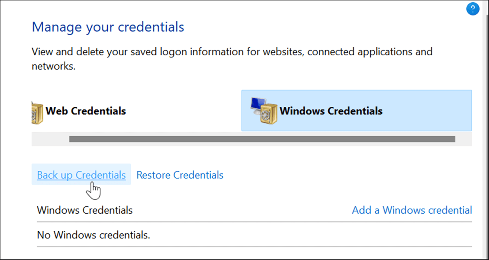 sauvegarde utiliser le gestionnaire d'informations d'identification sur Windows 11