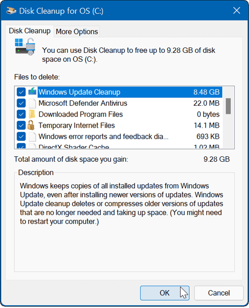 результатом будет несколько временных файлов, включая очистку Центра обновления Windows.