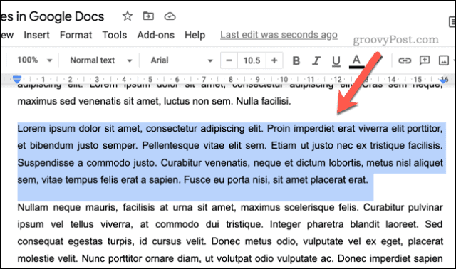 Selected text in Google Docs