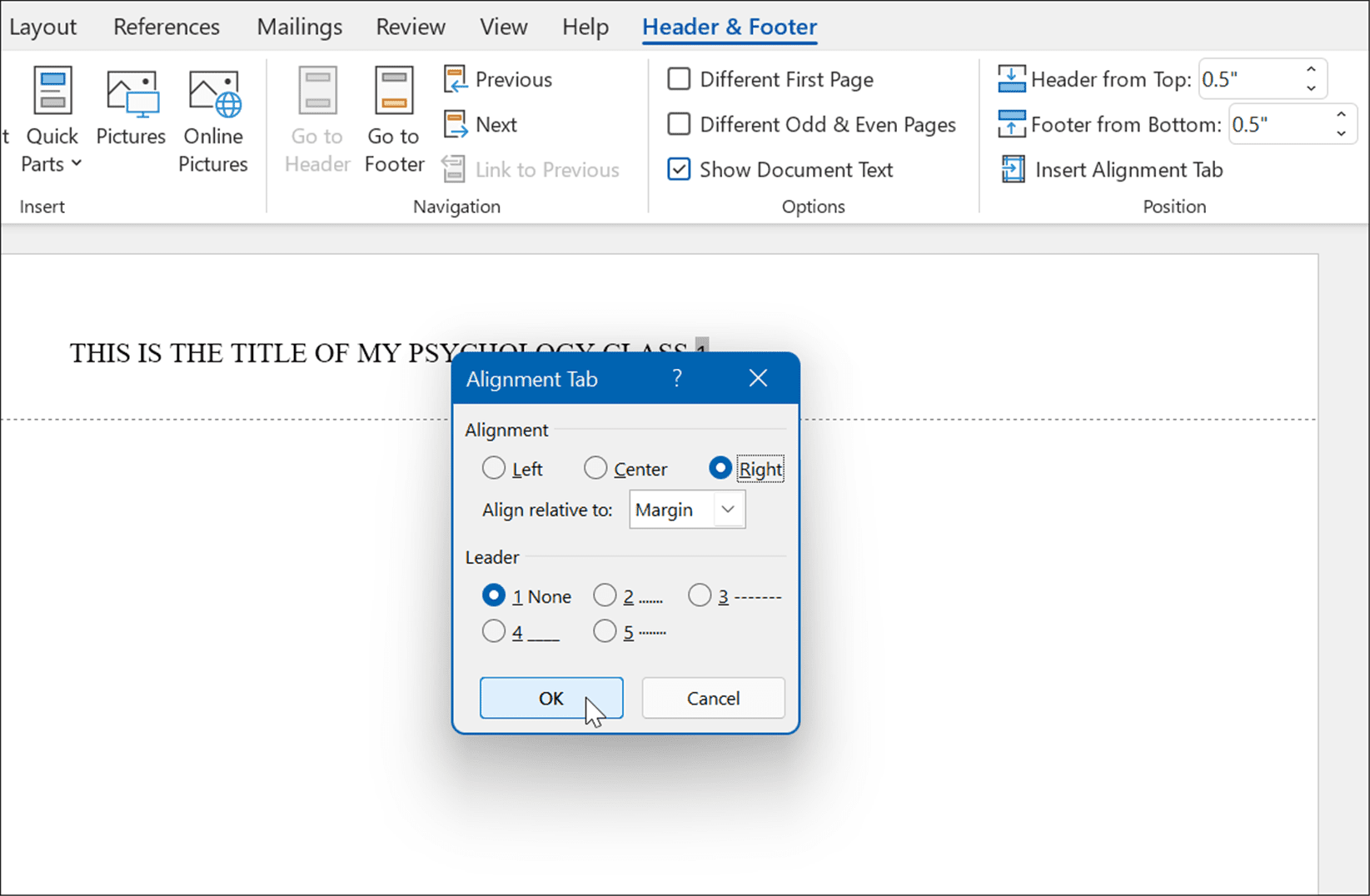 alignment tab right format apa style in microsoft word