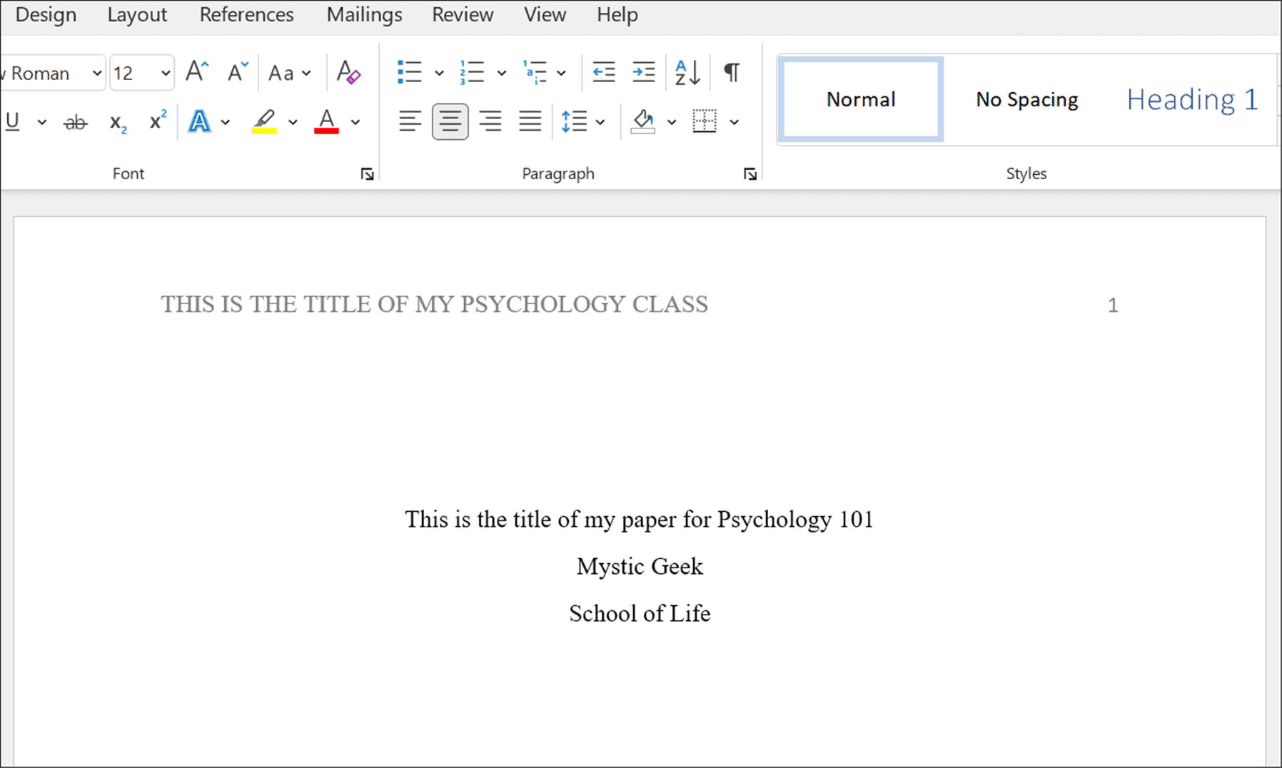 title page format apa style in Microsoft Word