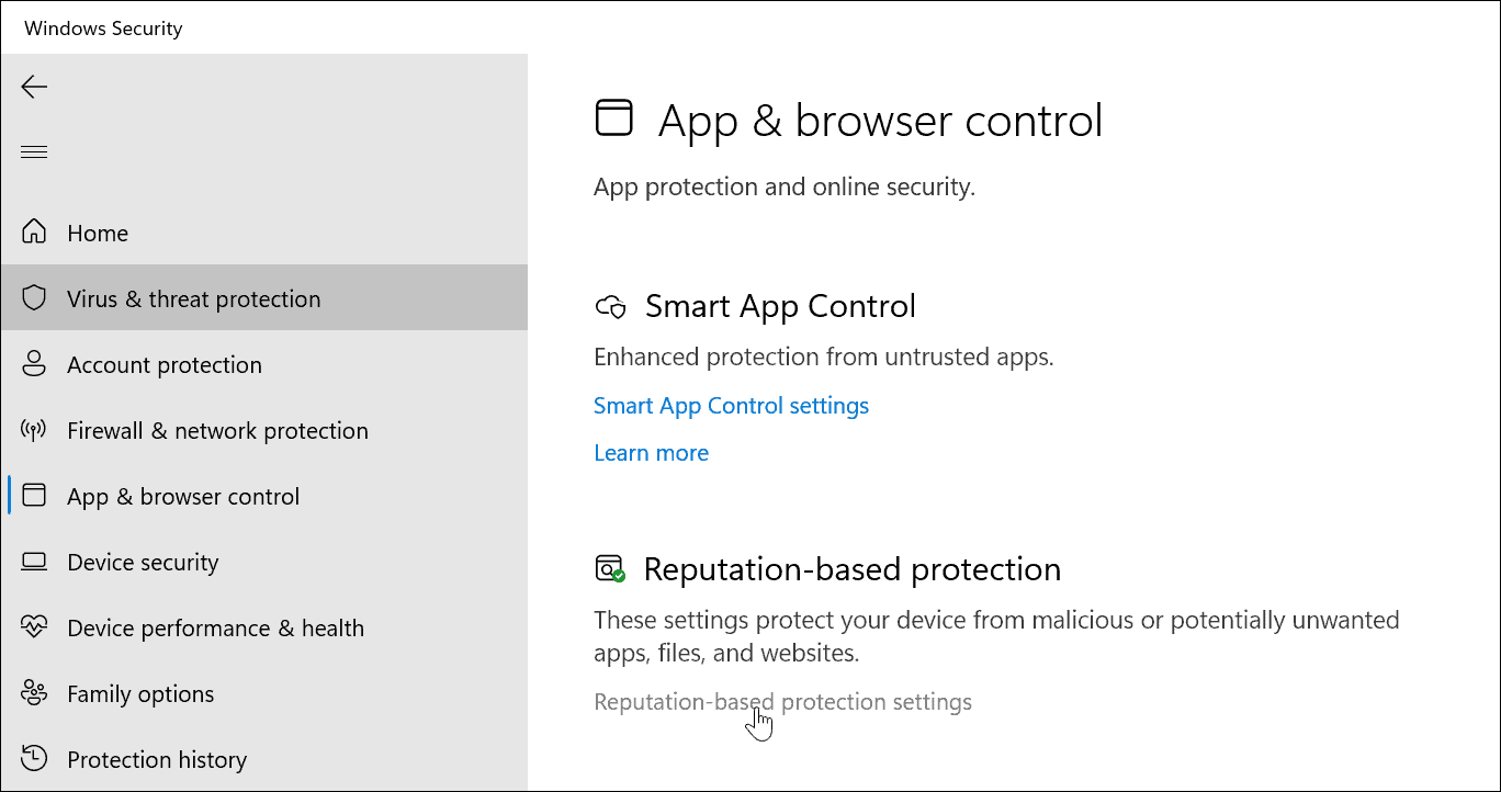 reputation based protection settings Windows Security