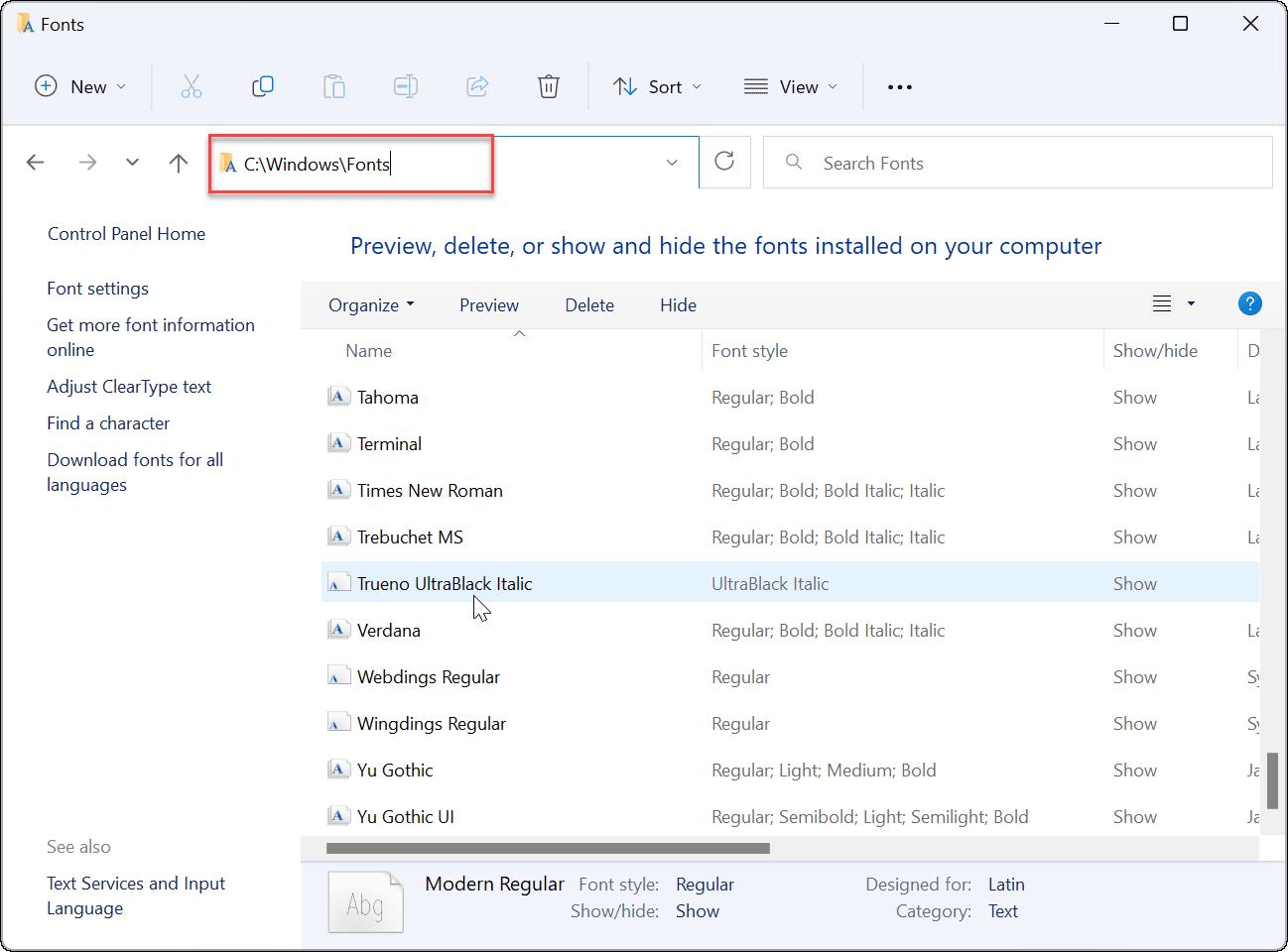 Install or uninstall fonts on Windows 11