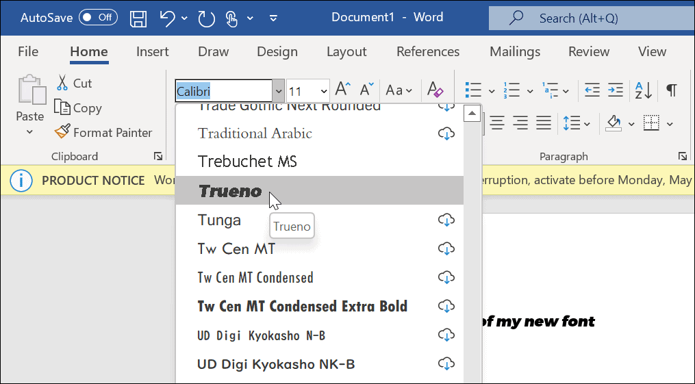 New font in microsoft word