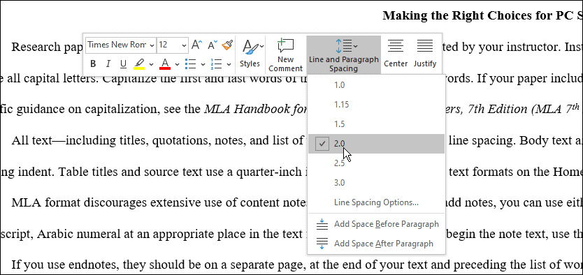 spacing use mla format in Microsoft Word