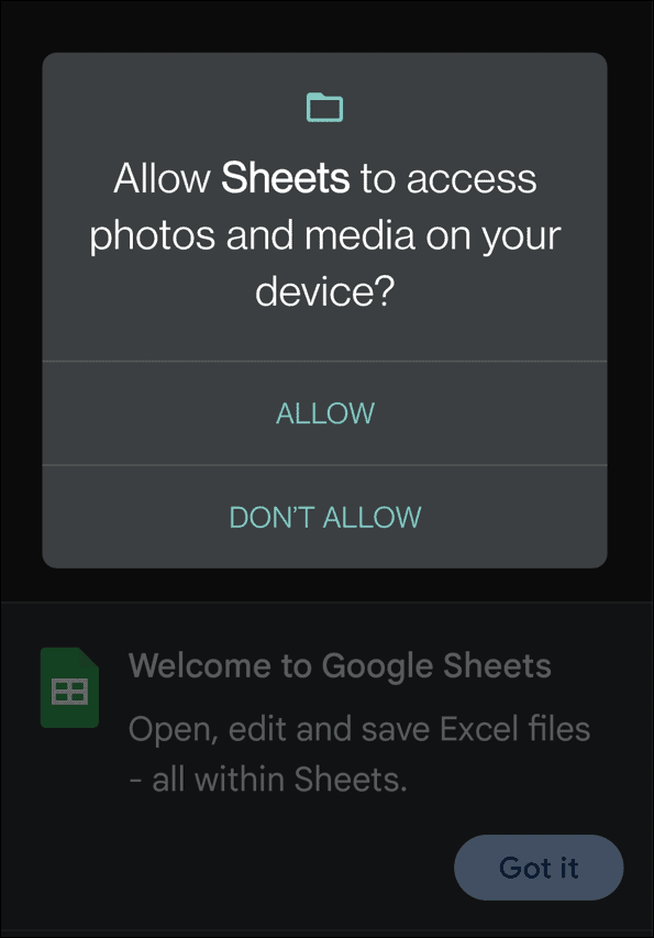 Permet à Sheets d'accéder aux fichiers XLSX ouverts dans Android