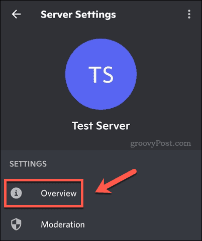 Server settings menu on Discord mobile