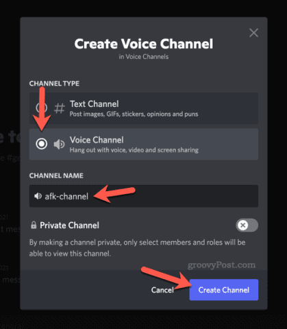 Setting options for a new voice channel on Discord