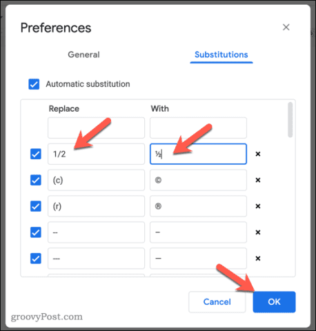 Adding a fraction as an automatic substitution in Google Docs