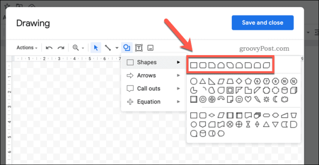 Inserting a new shape into a Google Docs drawing
