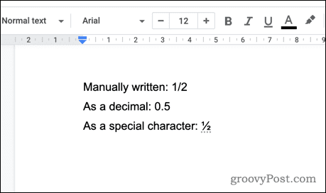 An example of fractions in Google Docs