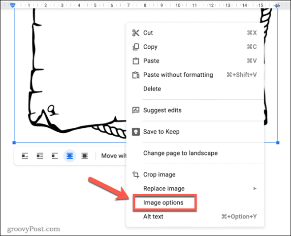 Opening the image options menu in Google Docs