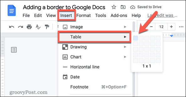 Inserting a table in Google Docs