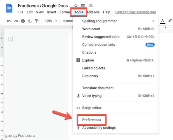 Opening the Google Docs preferences menu