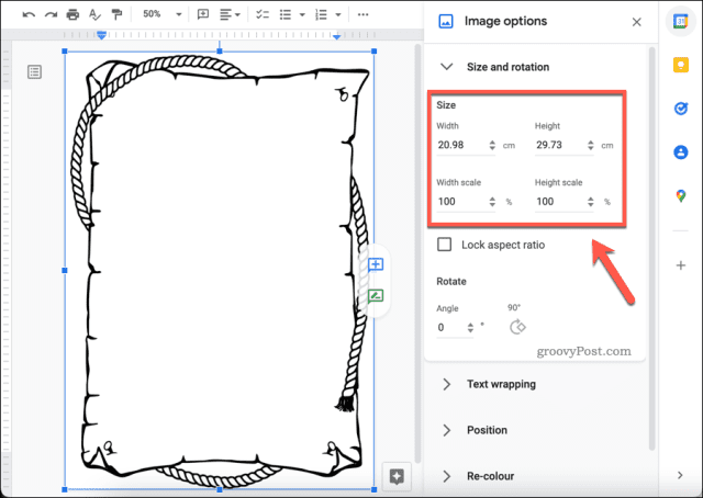 Customizing the size of an image in Google Docs