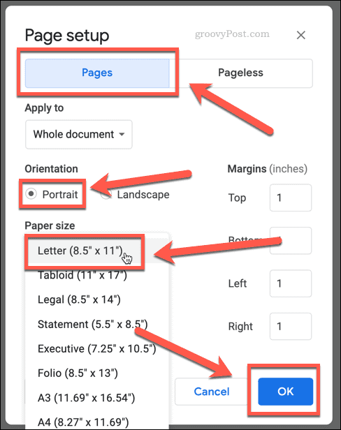 book page setup in google docs