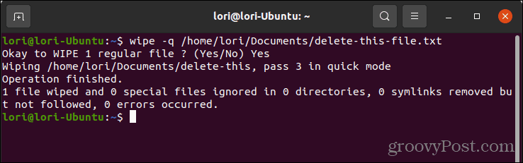 Securely delete a file using wipe with Quick Mode in Linux