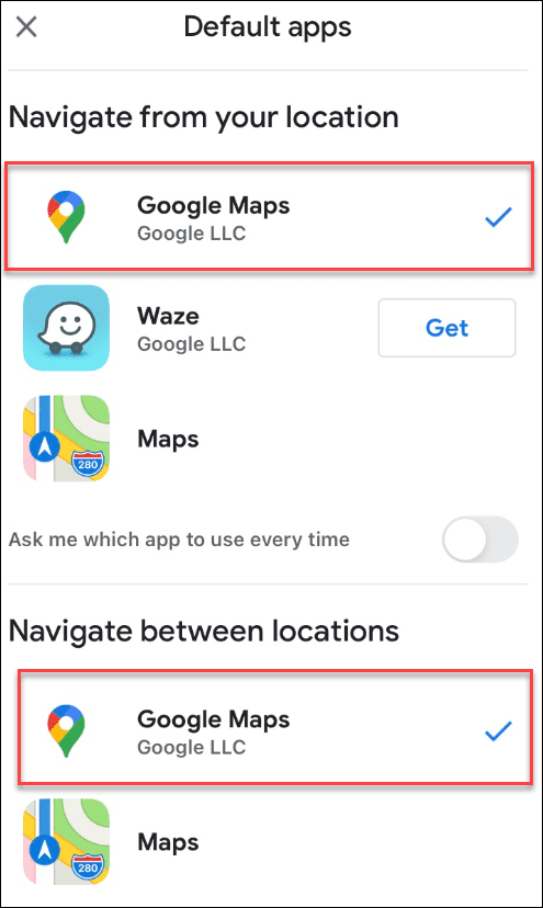 gmail google maps selected as default