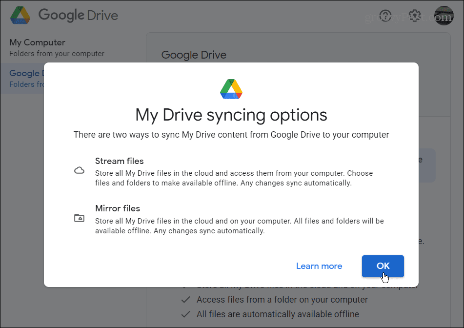 Configuración de sincronización de Google Drive