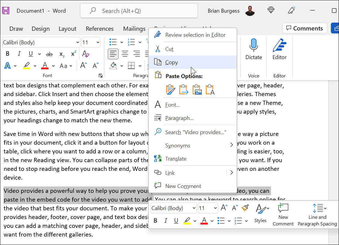 copy and paste text from Word