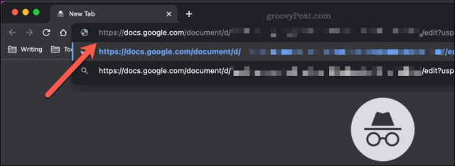 Pasting a Google Docs sharing link into a Google Chrome incognito window address bar