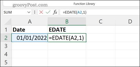 Typing an EDATE formula into the formula bar in Excel