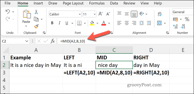 An example of the MID RIGHT and LEFT Functions in Excel