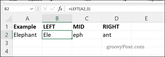 Example MID RIGHT and LEFT formulas in Excel