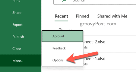 Excel File options menu