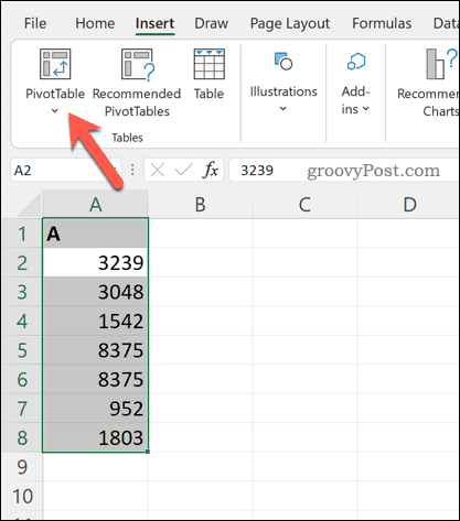 Inserting a pivot table in Excel