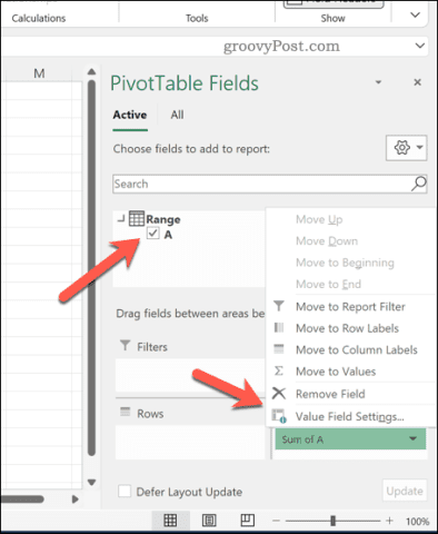 Setting up a pivot table in Excel