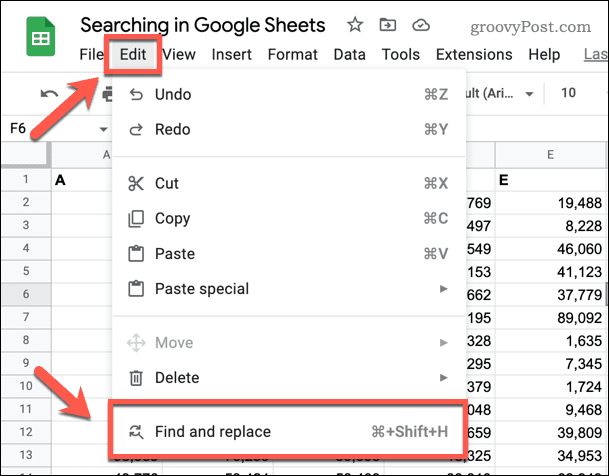 Открытие инструмента «Найти и заменить» в Google Sheets