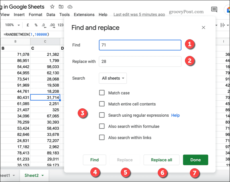 The Find and Replace search tool in Google Sheets