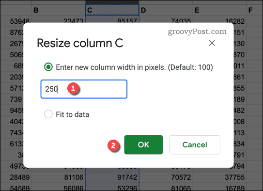 Option to resize a column in Google Sheets